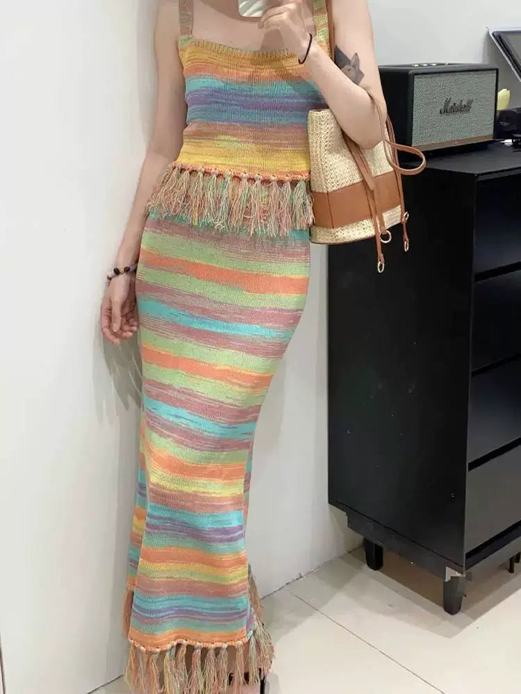 Fashion women's wear Summer New Women's Seaside Holiday Rainbow Color Strap Dress Classic Style Set Matching Age-Reducing Suit Skirt