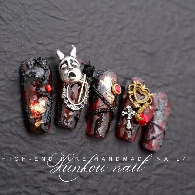 (Hand-Made Nail) Hand-Painted Nail Manicure Heavy Industry Hand-Painted Ice Transparent Blooming Red and Black Face Purple Flower Butterfly Disassembly