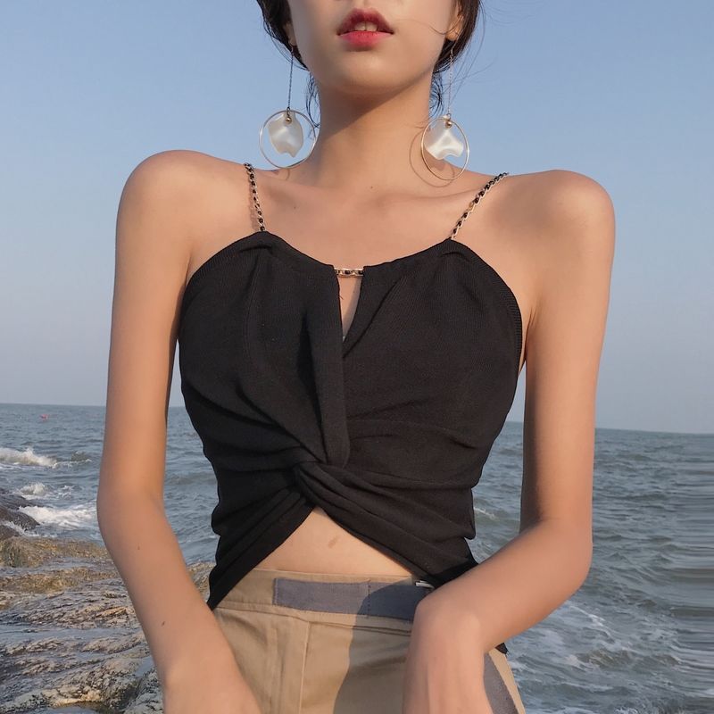Free shipping  sexy high waist short open button top versatile metal chain tube top bottoming shirt tops
