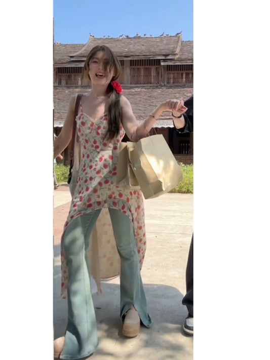 Fashion women's wear Summer High-Grade Floral Strap Dress Women's Dress Women's Dress 2024 Summer New Irregular Long Dress Spring and Summer