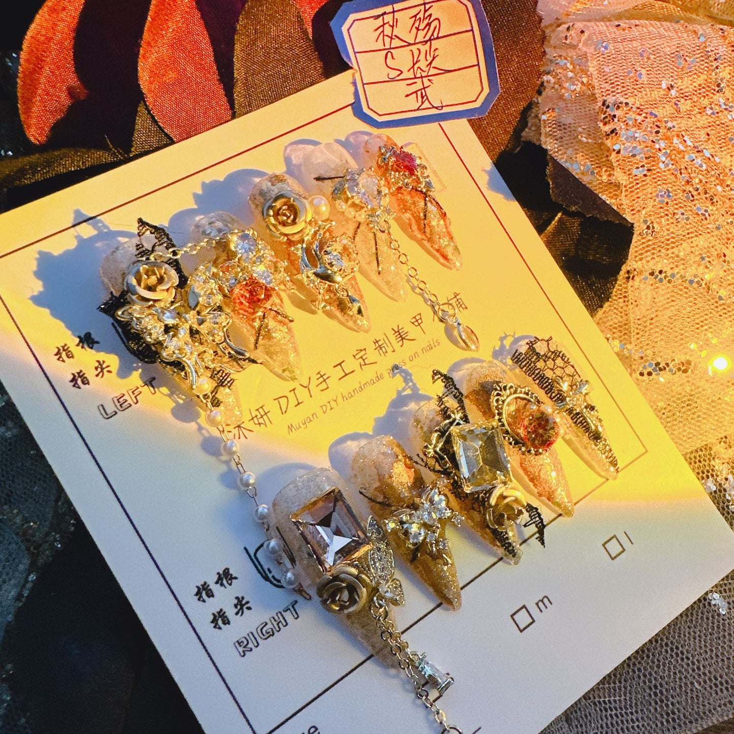 (Hand-Made Nail) Yanyan Handmade Nail Real Shot Heavy Industry Golden Autumn Luxury Zircon Flash Non-Mainstream Style Hot Girl Nail Beauty Rhinestone Wear Nail