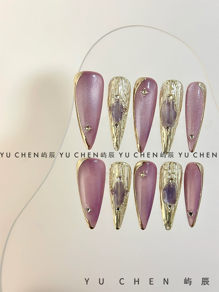 (Hand made nail) Original by Yuchen | Purple Buchirati Nail Wearing Nail Handmade Cat Eye Light Gold 3D Relief Heavy Industry
