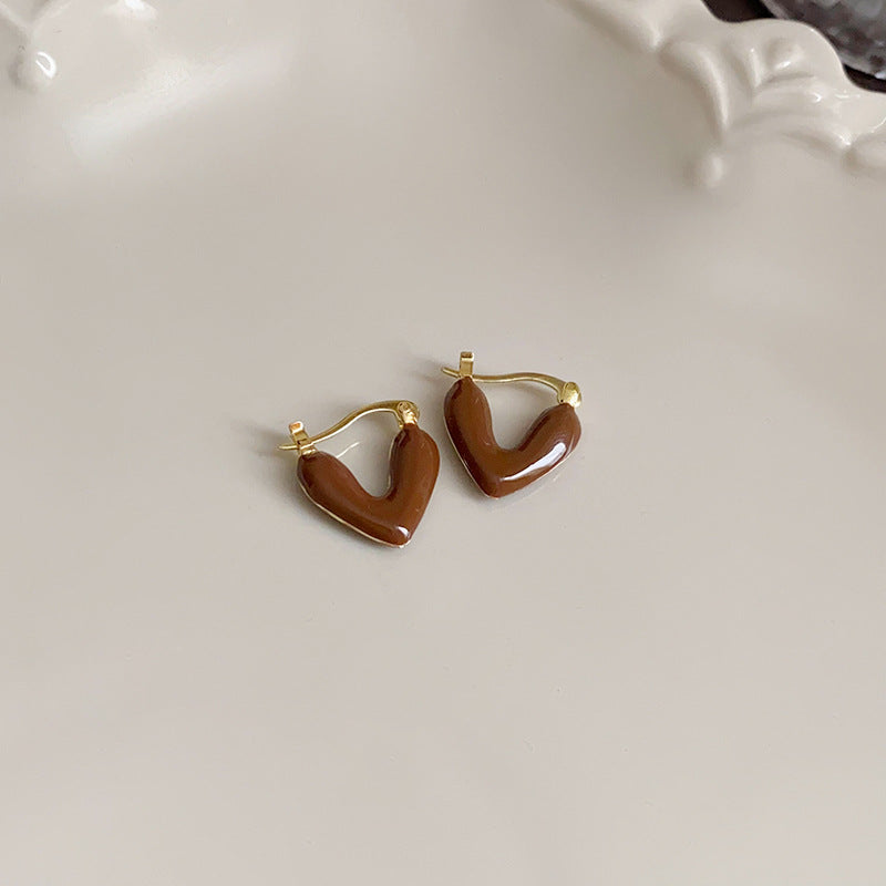 银针美拉德咖色爱心耳环时尚复古设计感耳钉轻奢高级感耳饰批发女
