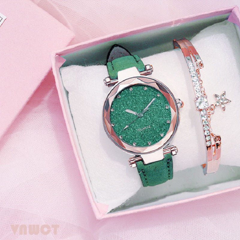 Fashion women's watchForeign Trade Popular Style Silver Pink Rhinestone Face Women's Watch Frosted Leather Watch Strap Women's Casual Trend Two-Piece Set Wrist Watch