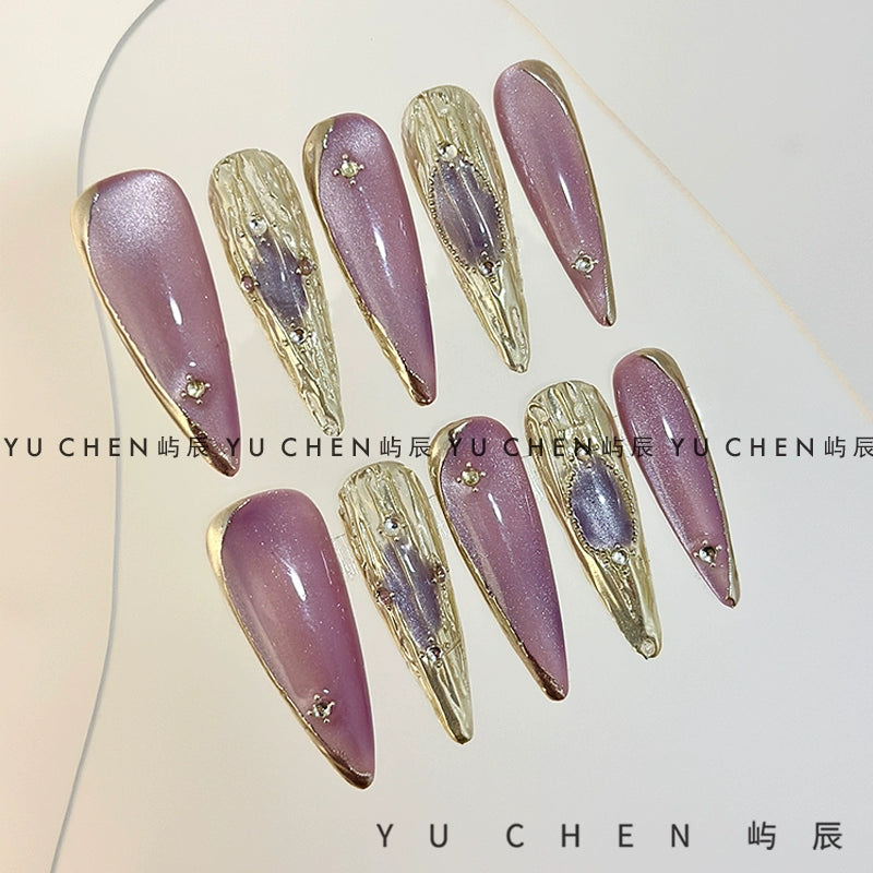 (Hand made nail) Original by Yuchen | Purple Buchirati Nail Wearing Nail Handmade Cat Eye Light Gold 3D Relief Heavy Industry