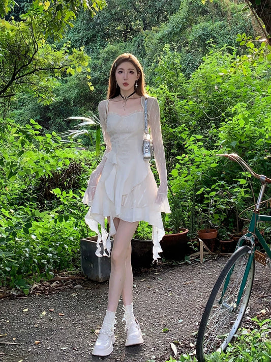 Fashion women's wear Dream Seven77 French Style Irregular Spaghetti-Strap Dress Women's Spring New Ruffled Design Short Skirt