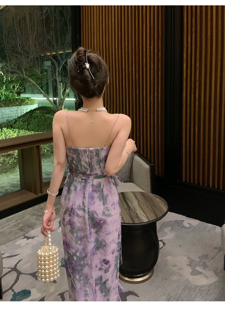 Fashion women's wear Purple Retro Irregular Yunnan Wear Travel Chiffon Floral Strap Dress Seaside Beach Skirt Summer