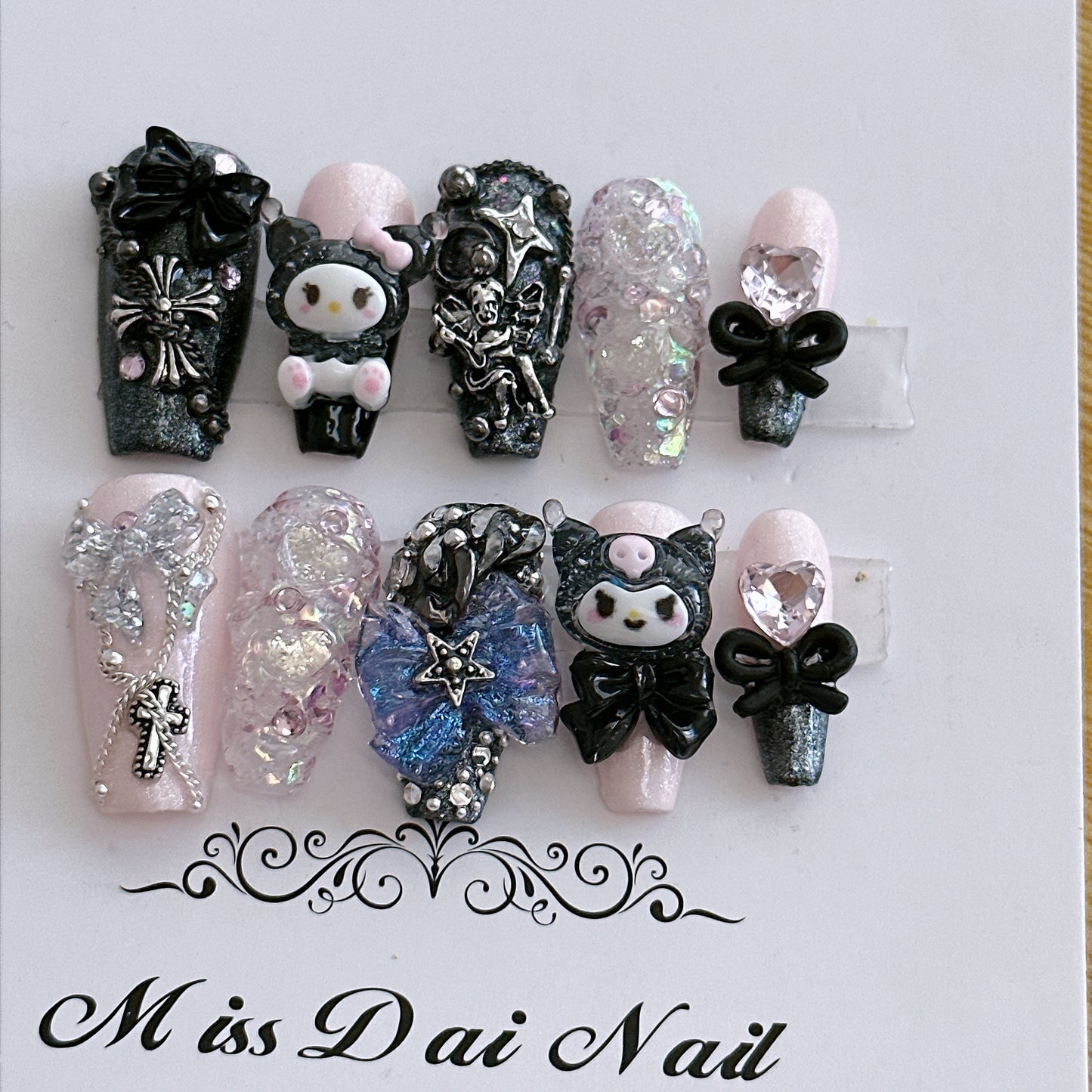 (Hand-Made Nail) Hand-Worn Nail Pink Black Hot Girl Sweet Cool Coolomi Bow Nail Stickers Finished Product Wholesale