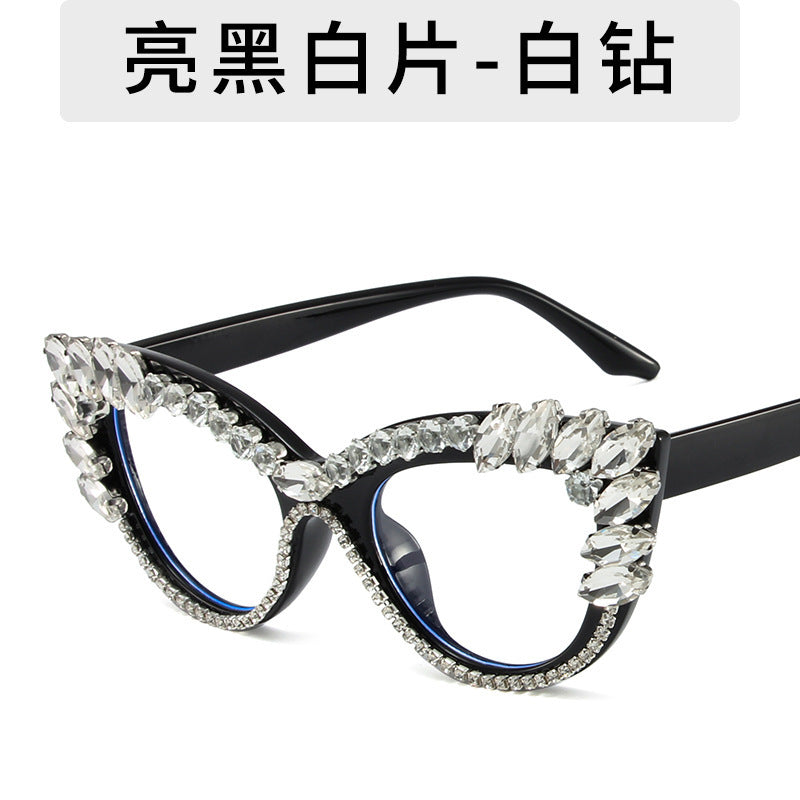 Women's fashion glasses 2023秋季新款欧美猫眼镶钻防蓝光平光镜跨境时尚网红 ins装饰眼镜