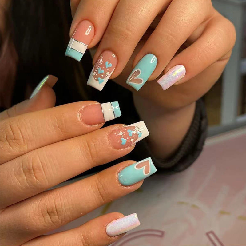 湖绿爱心穿戴甲线条nails 法式跨境美甲片外贸假指甲长方甲美甲贴