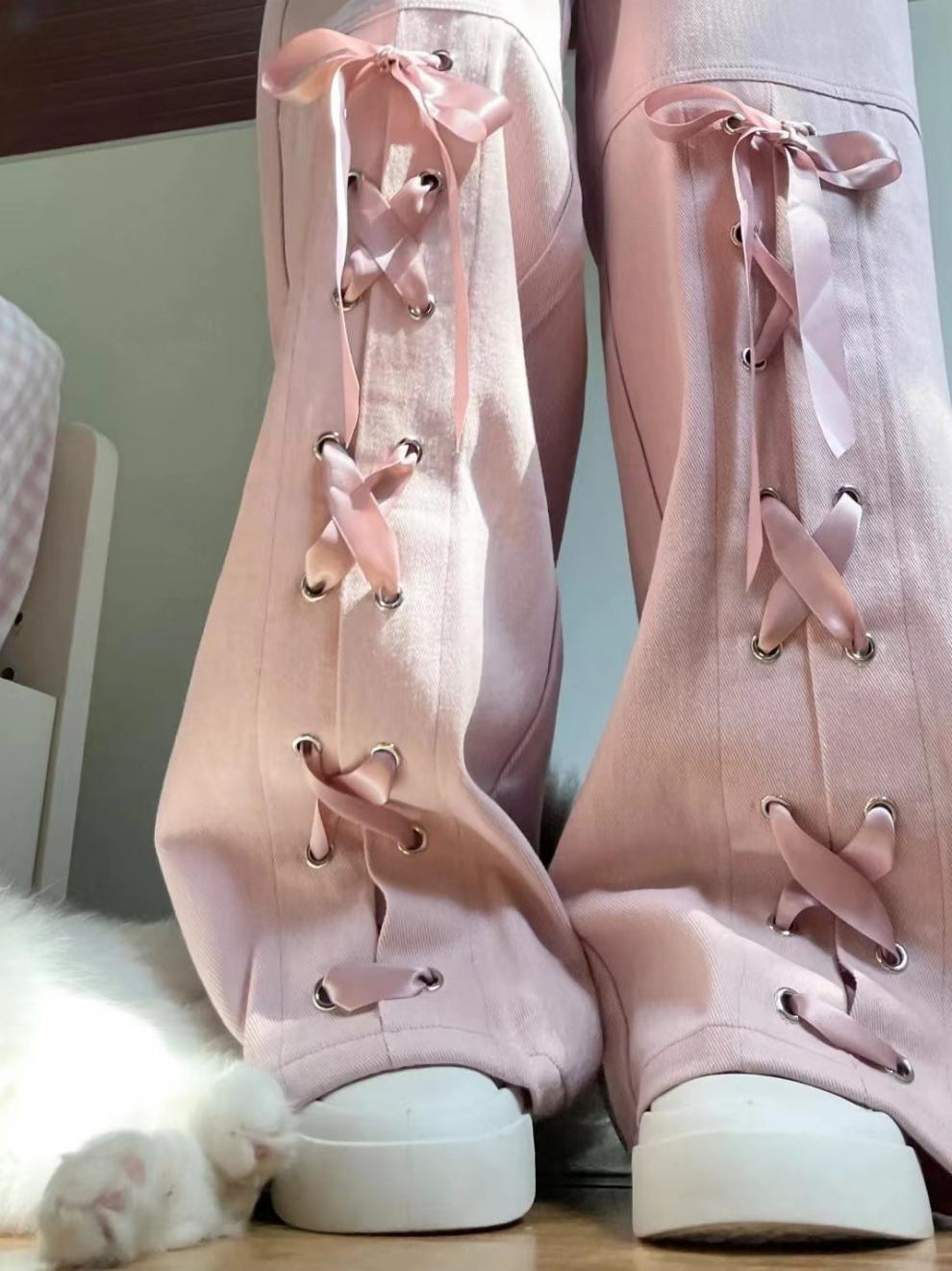 Free shipping  Pink dopamine bow strap casual jeans women's summer new high-waisted loose and thin wide-leg trousers pants