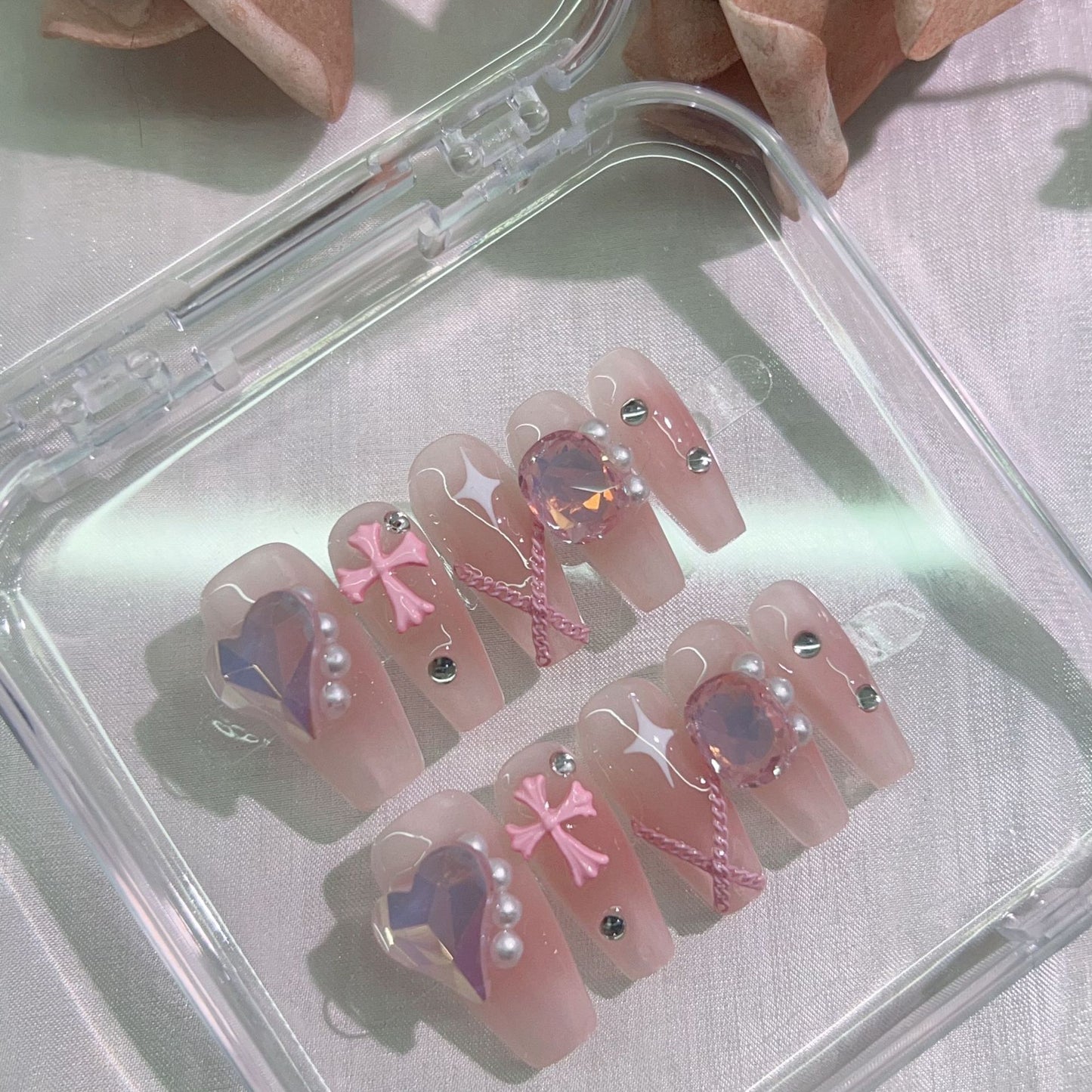 (Hand-Made Nail) Pure Desire Clear Feeling Gentle Fairy Girl Pile Rhinestone Nail Stickers Fake Nail Patch Wear Nail Tip Finished Product Detachable