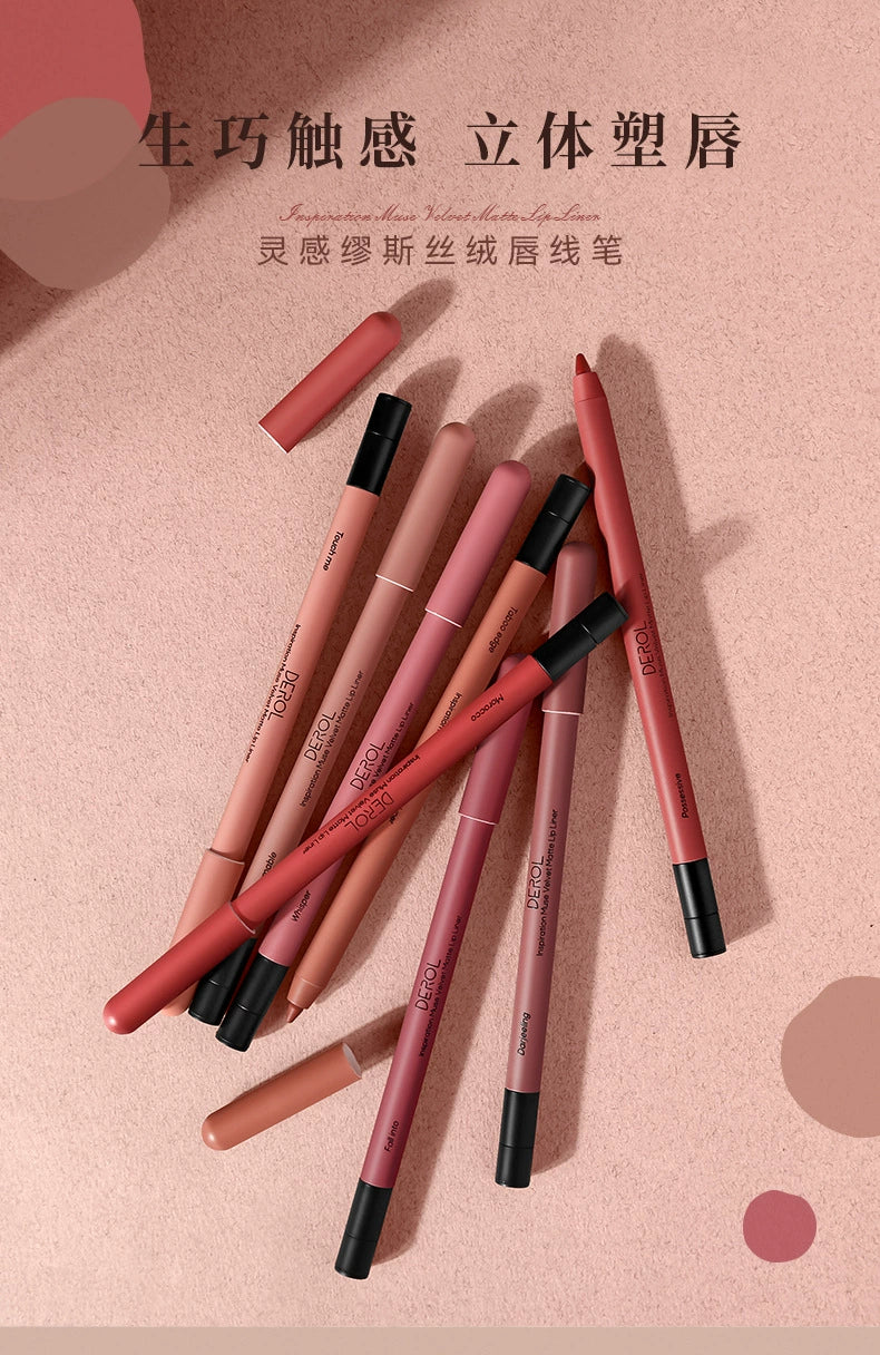 欧美厚嘴唇 哑光唇线笔丝绒雾面唇膏口红不脱色防水裸色持久唇笔