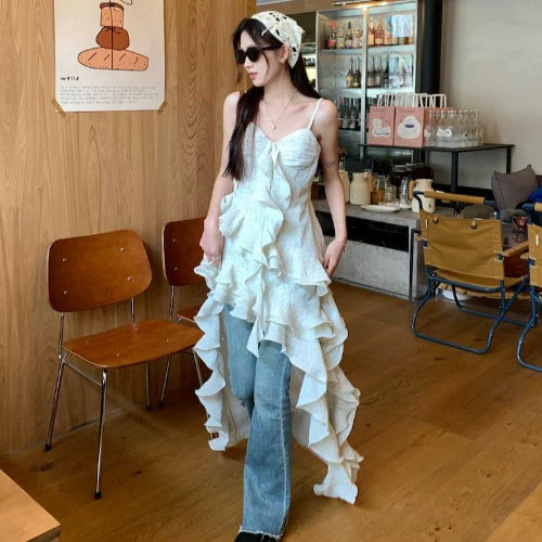 Fashion women's wear Tea Break French Irregular Ruffled Floral Strap Dress Women's Summer High-Grade Sense Beautiful Seaside Vacation Dress