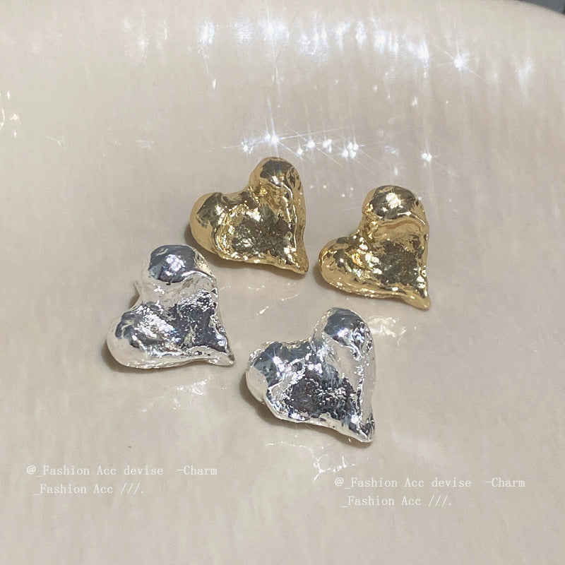 真金电镀银针褶皱爱心耳环欧美时尚耳钉个性设计感金属风耳饰批发