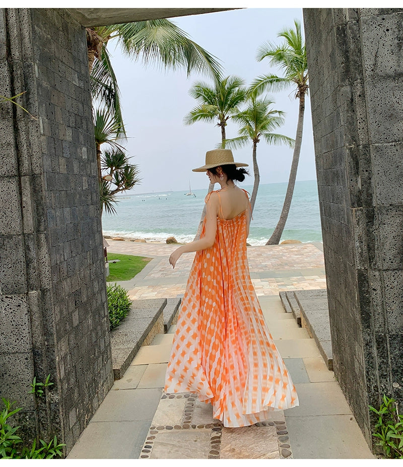 Fashion women's wear Tie-Dyed Floral Strap Dress Women's Summer French off-Shoulder Dopamine Sanya Seaside Vacation Beach Long Skirt