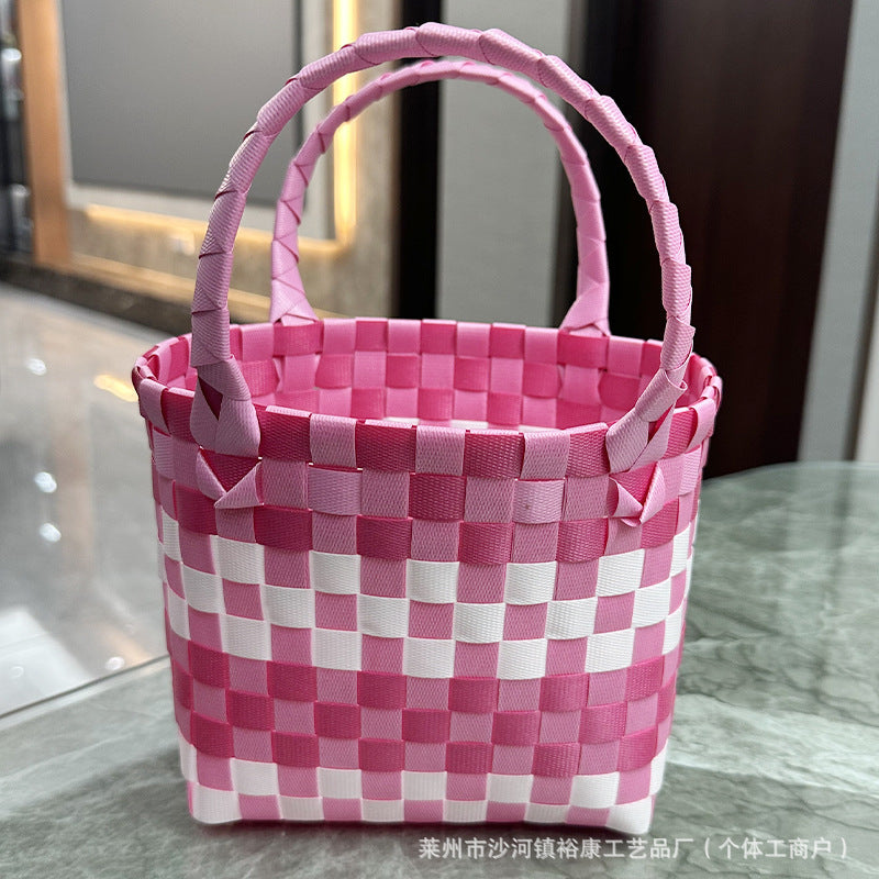 Dopamine Bag Free shipping Tattoo Cartoon dopamine plastic woven bag, trendy macaron hand-woven vegetable basket bag, cute casual seaside beach bag