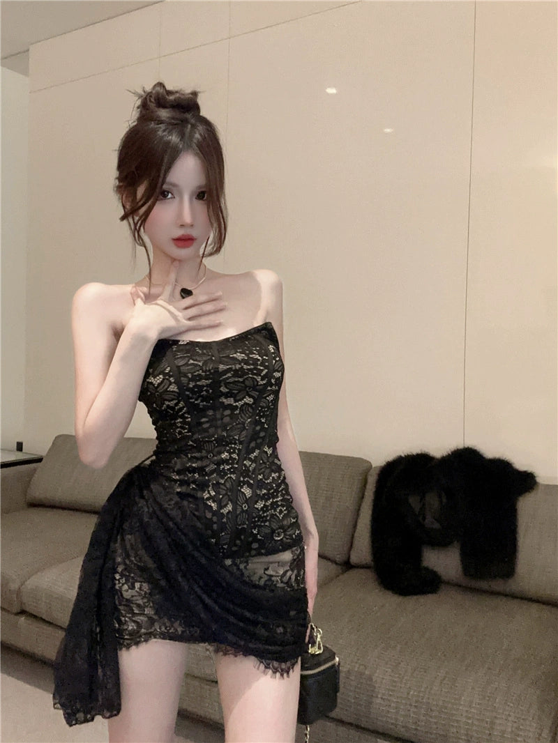 Fashion women's wear Dress Women's American Hot Girl Style Refined Handmade Lace Crocheted Strapless Dress Winter New Fashionable Ribbon Hip Skirt