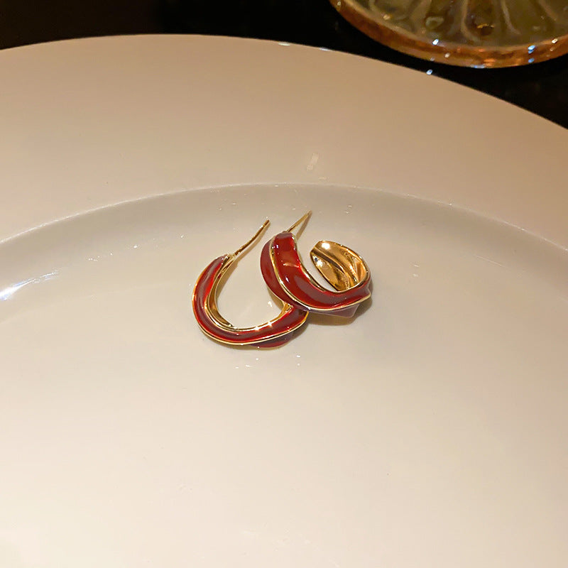 红色系真金电镀爱心豆豆耳环秋冬百搭高级感耳钉小众轻奢耳饰批发