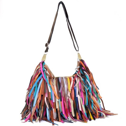 Dopamine Bag Free shipping Tattoo European and American style new women's bags, genuine leather cowhide women's bags, retro fringed splicing single shoulder large-capacity dopamine noodle bags