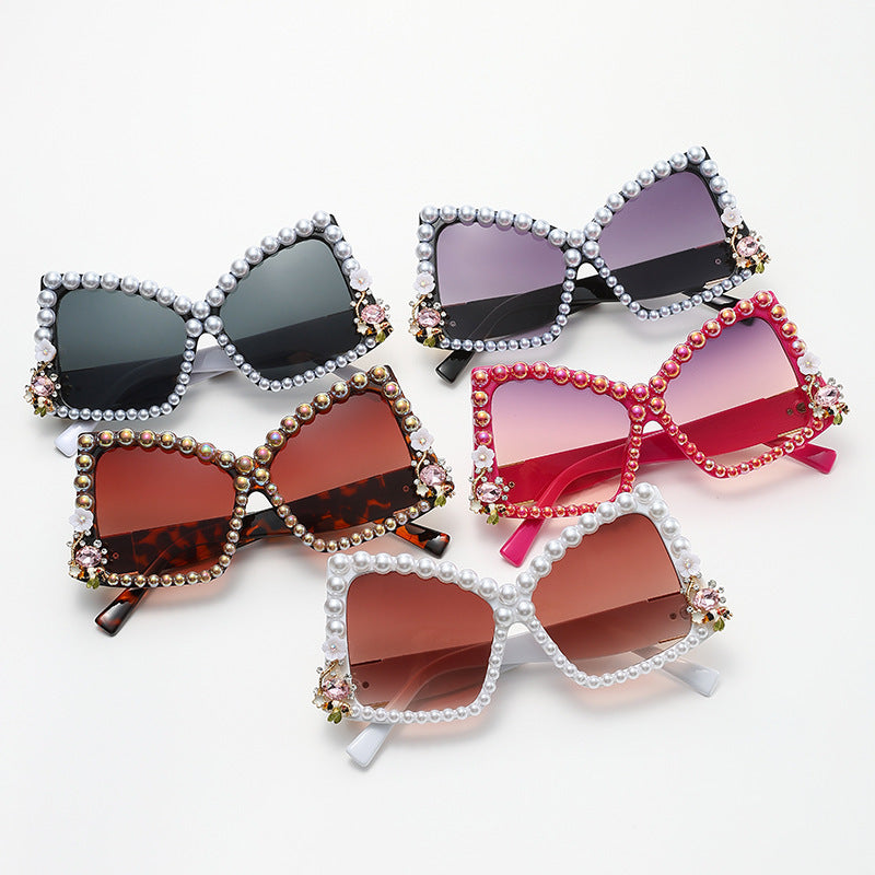 Women's fashion glasses 欧美镶钻眼镜时尚墨镜女跨境不规则镶珍珠太阳镜大框蝴蝶结墨镜