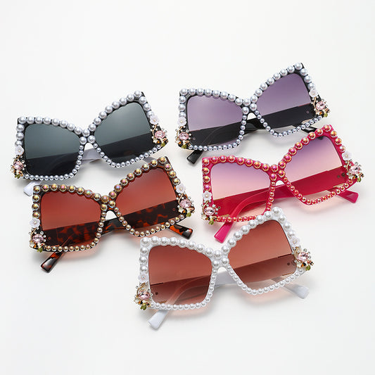 Women's fashion glasses 欧美镶钻眼镜时尚墨镜女跨境不规则镶珍珠太阳镜大框蝴蝶结墨镜