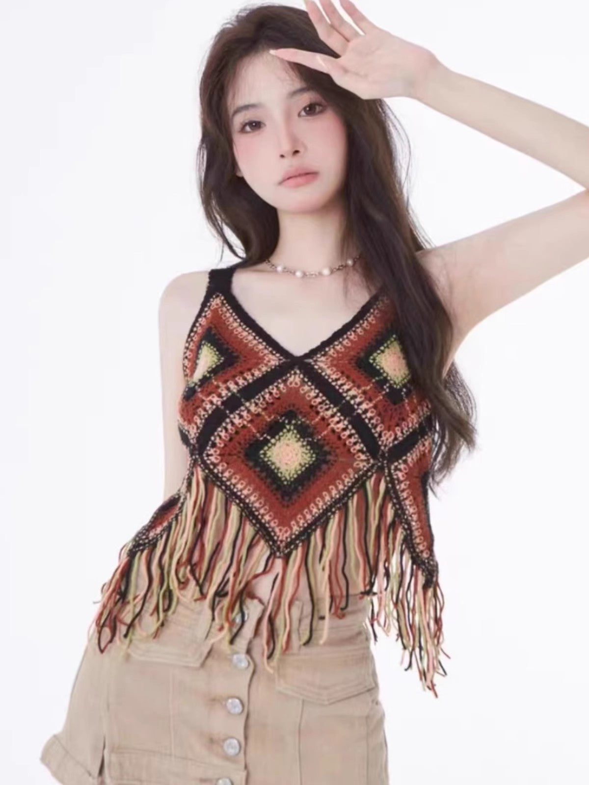 Dopamine tops Free shipping Tattoo Summer dopamine high-value fringed small suspender small fragrant versatile retro sweet hook-up hollow vest top
