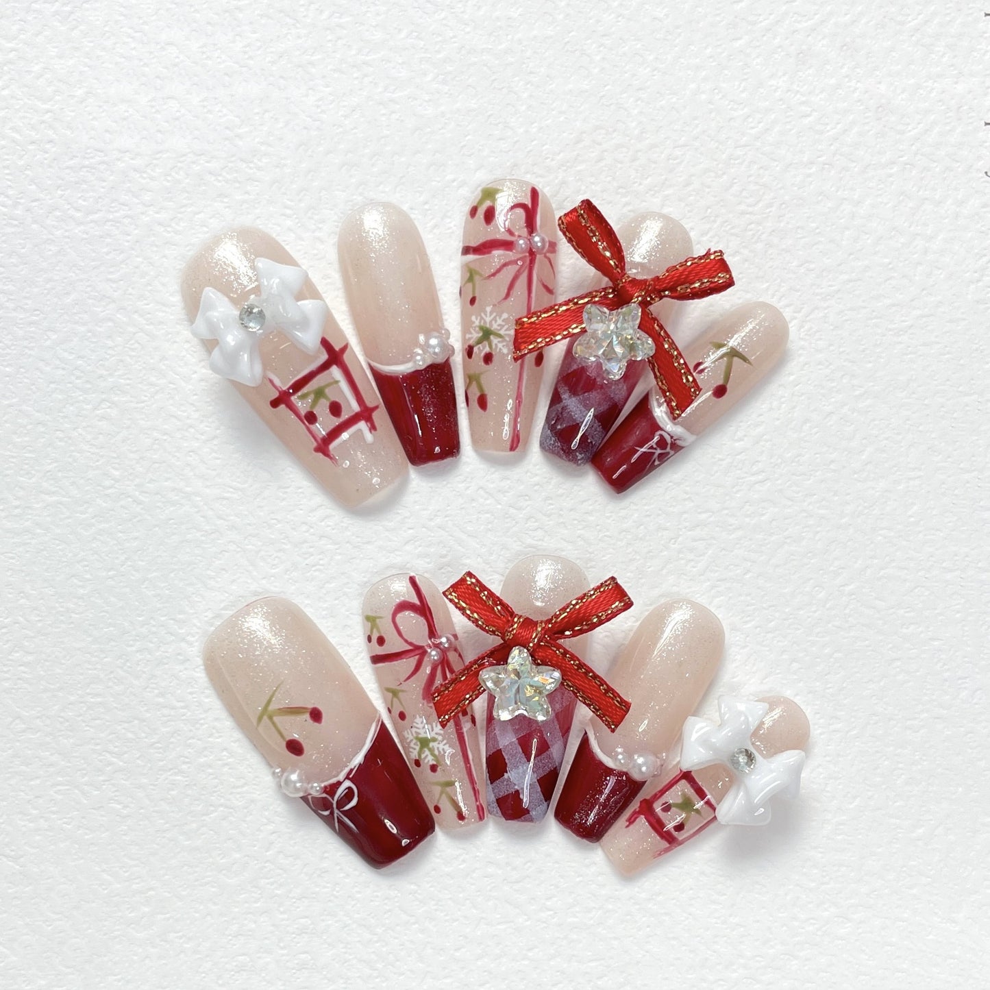 (reusable nail)Hot selling handmade nail art New Year gift, new butterfly cherry plaid nail art, wearing nail, handmade nail art, long style