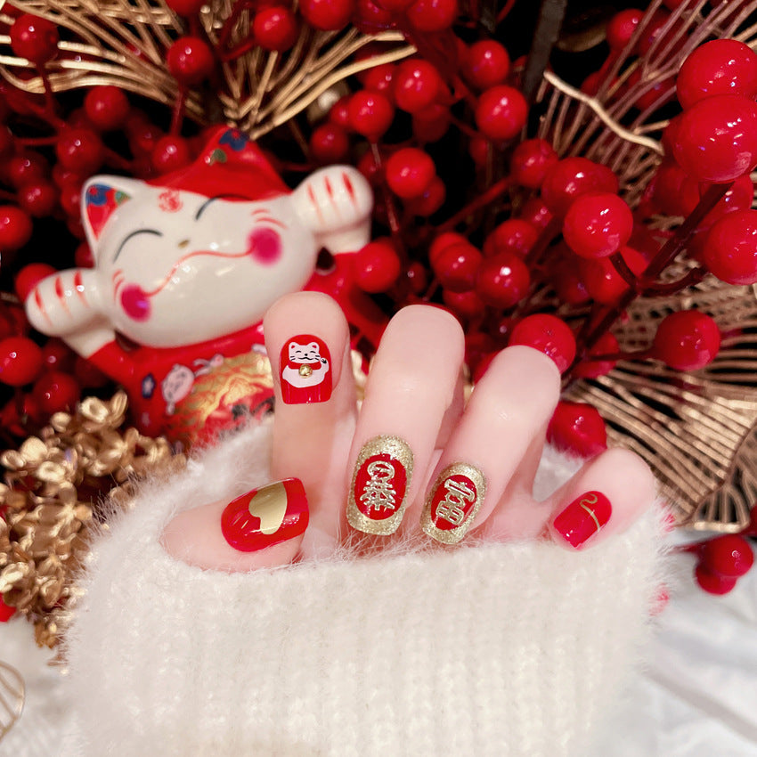 Fashion  nail New Year Manicure Fake Nail Patch New Year Chinese New Year Celebration Joyous Lucky Cat Wear Nail Finished Patch Wear Nail A52