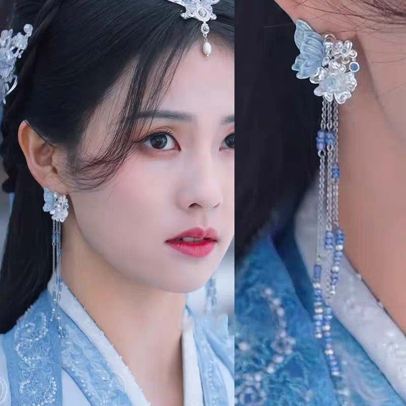 头饰发簪长月烬明同款耳环白鹿古风配汉服长流苏耳坠耳夹无耳洞古装耳饰女