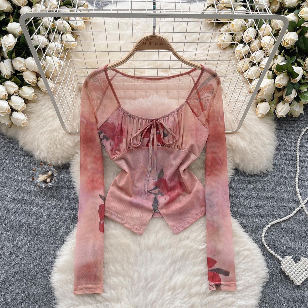 Dopamine tops Free shipping Tattoo Sweet and cool Spice Girl Style Tulle Floral Shirt Women's Autumn Strap Exposed Navel Design Sense Skinny Unique Pure Desire Top Trend
