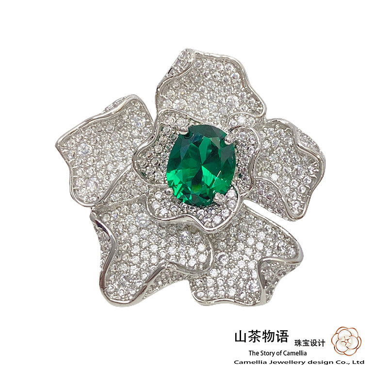Camellia嘉柏俪祖母绿蝴蝶套装 镀金微镶琉璃绿尖晶树叶锆石戒指