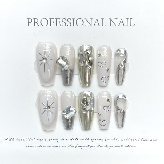 (reusable nail)(Manual) Wear nails pure manual nail art finished fake nail patch Magic Mirror Flash diamond Milky French Metal Love Heavy Industry (reusable)