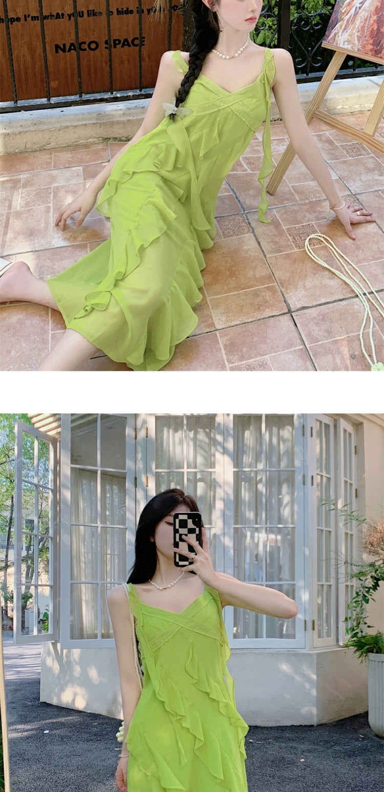 Fashion women's wear French Style Green Suspenders Dress Women's Summer V-neck Elegant Ruffle Waist-Tight Seaside Vacation Beach Dress