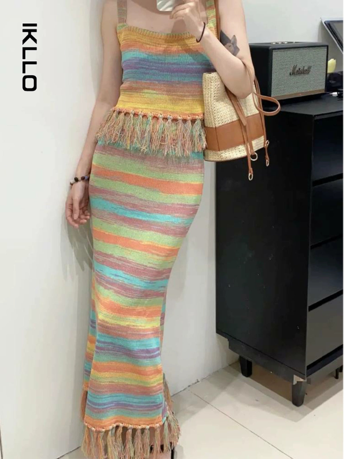 Fashion women's wear Summer New Women's Seaside Holiday Rainbow Color Strap Dress Classic Style Set Matching Age-Reducing Suit Skirt