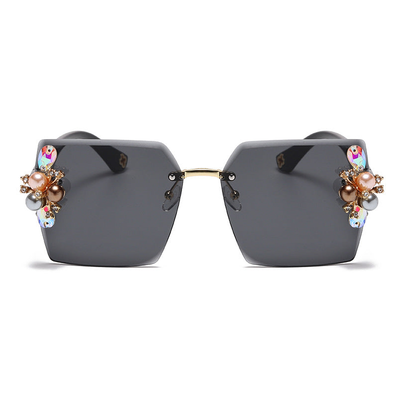 Women's fashion glasses 2023跨境无框切边镶珍珠太阳镜女防紫外线墨镜夏季防晒高级感显瘦