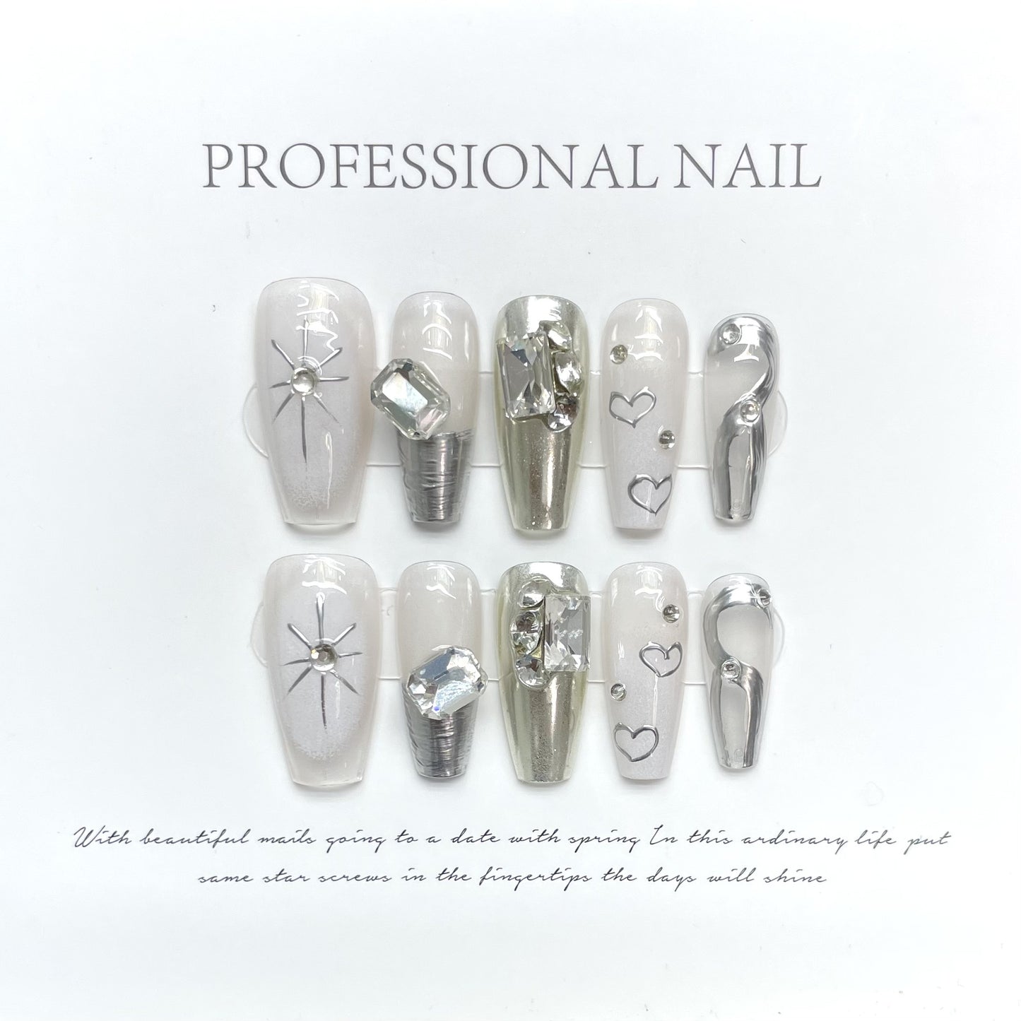 (reusable nail)(Manual) Wear nails pure manual nail art finished fake nail patch Magic Mirror Flash diamond Milky French Metal Love Heavy Industry (reusable)