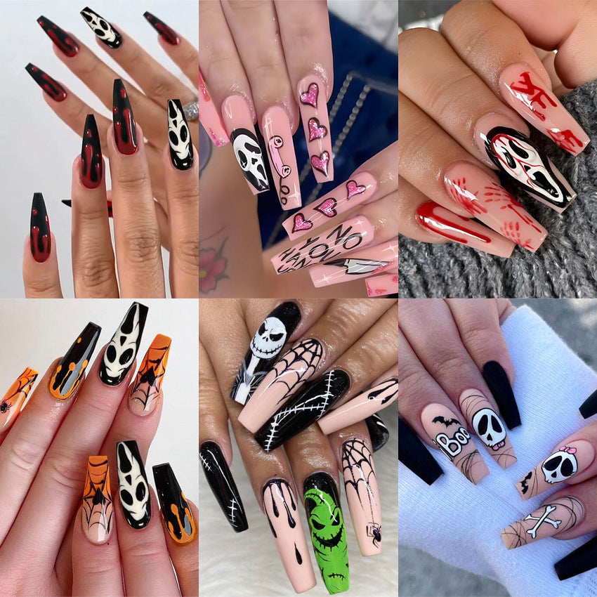 Fashion  nail Cross-Border Halloween Wear Armor Ghost Skull Pumpkin Bat Long 24 Pieces Fake Nail Patch Nail Sticker Wholesale