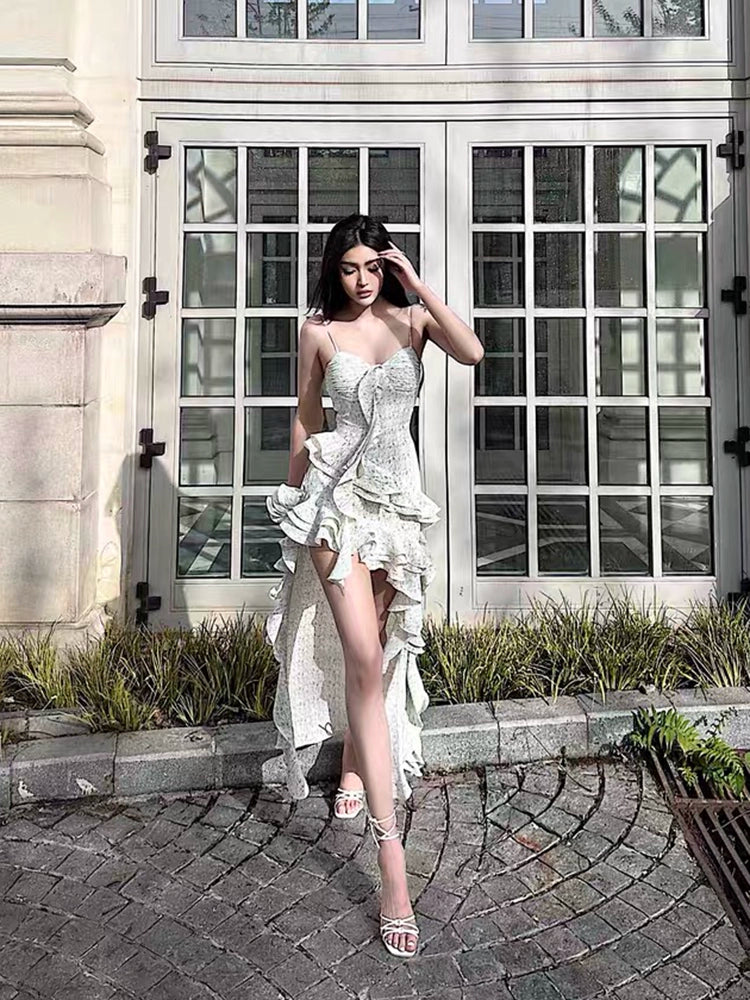 Fashion women's wear French Hot Girl Ruffled Spaghetti Straps Dress Women's Pure Desire Style Summer New Irregular High-Grade Temperament Long