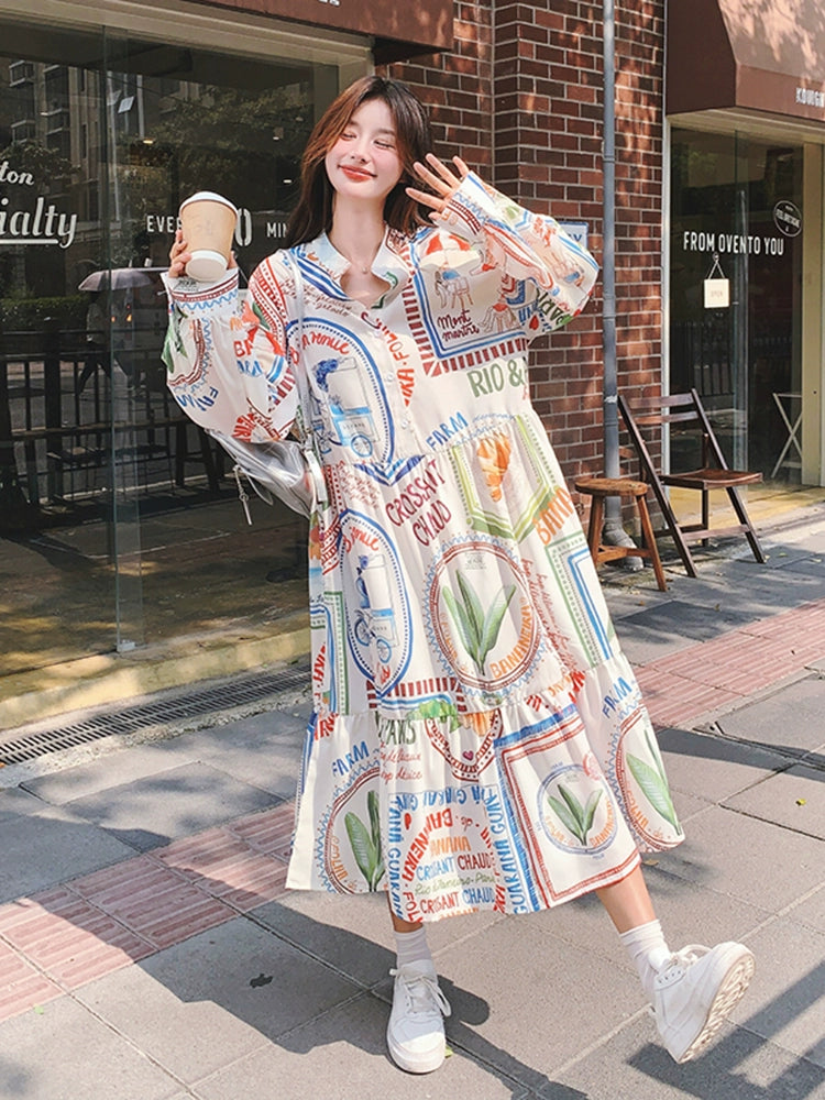 Dopamine dress Free shipping Tattoo Dopamine color graffiti print dress women's autumn 2024 new French lazy wind loose casual long skirt