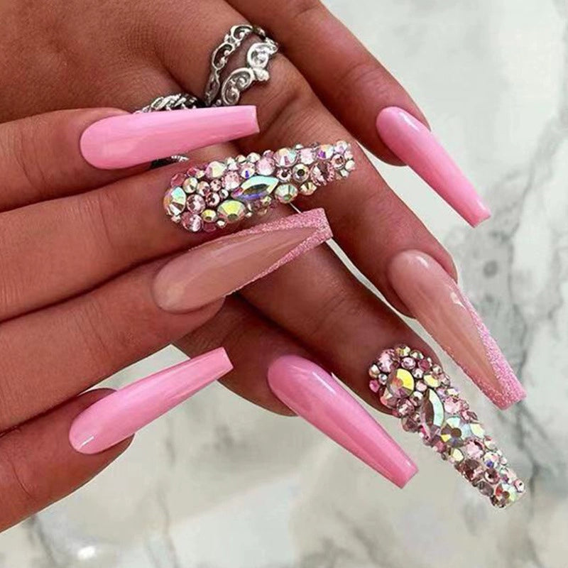 (Hand made nail) European and American Spicy Girl Super Long Instagram Dark Small Stand Retro Trapezoidal Shining Diamond Beauty False Nail Patch Detachable Wearable Nail