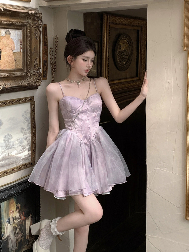 Fashion women's wear Tea Break French Style Fishbone Sling Dress Fairy Birthday Dinner Suit Disney Princess on the Run Bubble Skirt