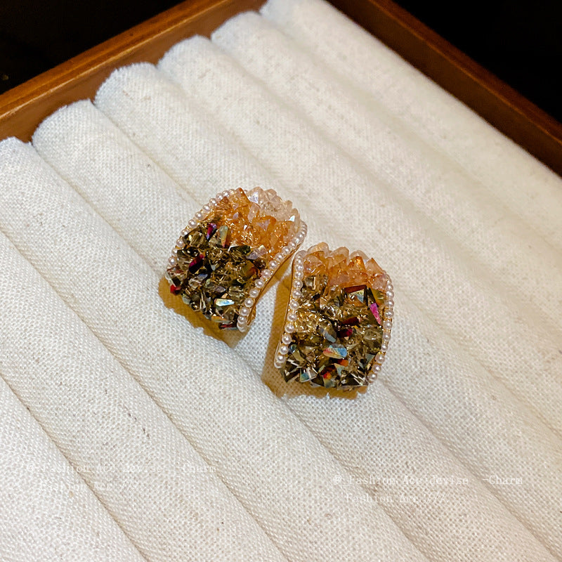 银针珍珠水晶几何耳环法式复古轻奢耳钉中古时尚宫廷风耳饰批发女