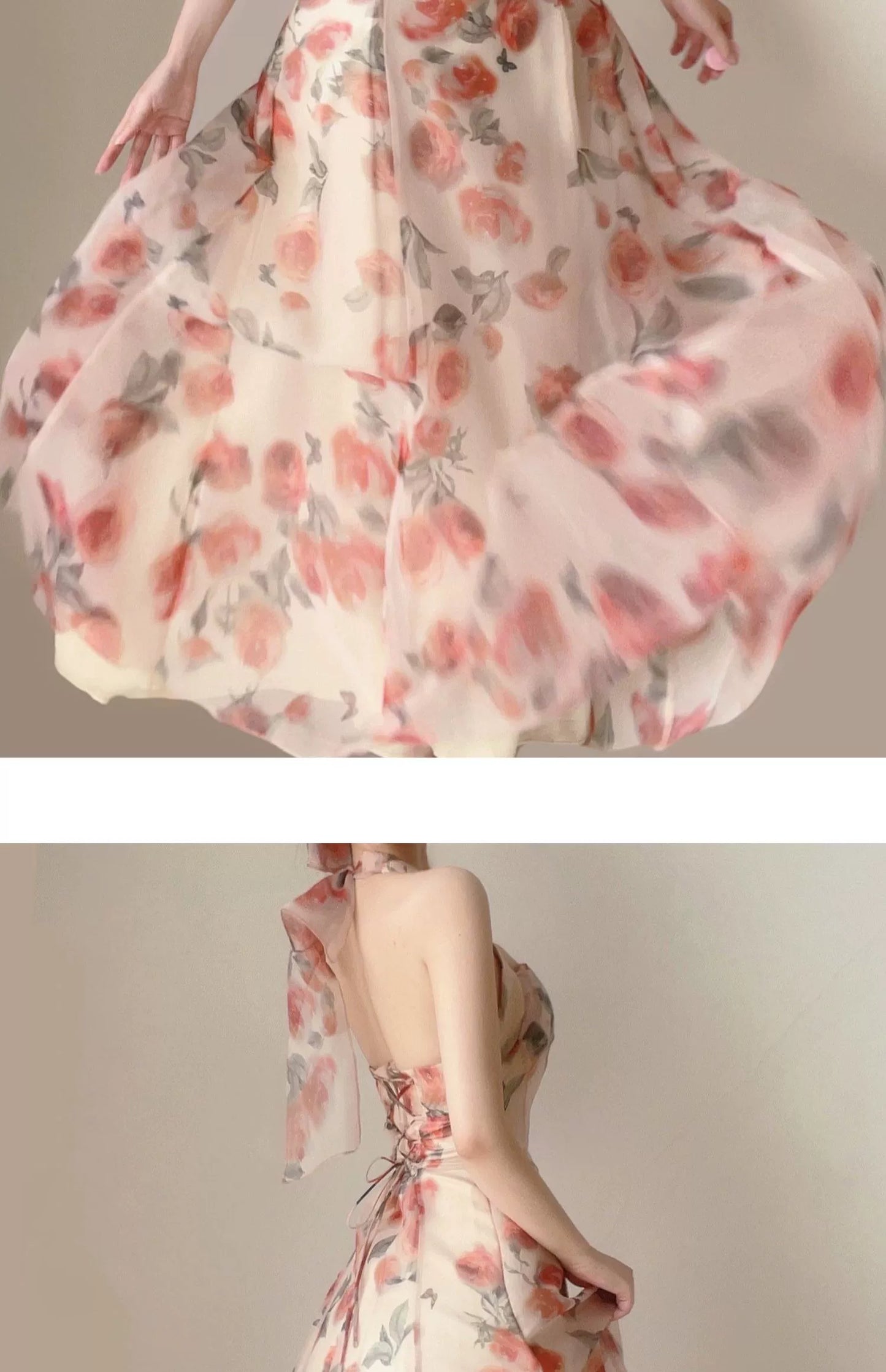 Fashion women's wear Tea Break French Style Backless Halter Suspenders Floral Dress Women's Early Spring Elegant High-Grade Dress