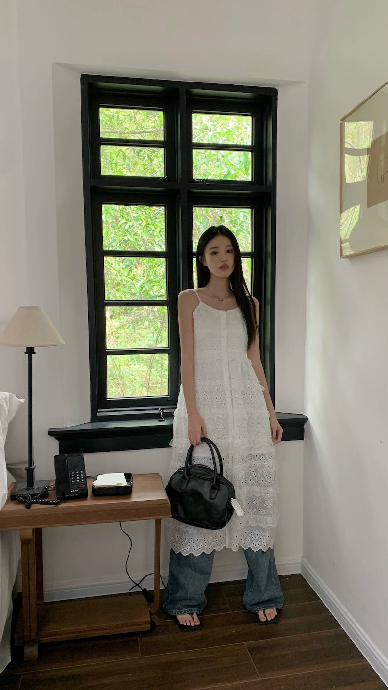 Fashion women's wear Fashionable Embroidery Hollow out Sweet Spaghetti-Strap Dress Women's Clothing Spring 2024 New Mid-Length Waist Split Skirt