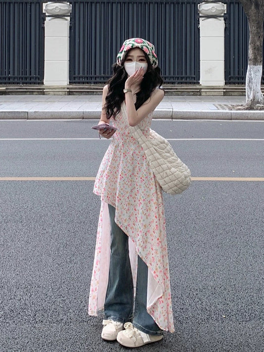 Fashion women's wear Floral Strap Dress Women's Summer Small Waist Slimming Sweet and Spicy Skirt Jeans Two-Piece Suit
