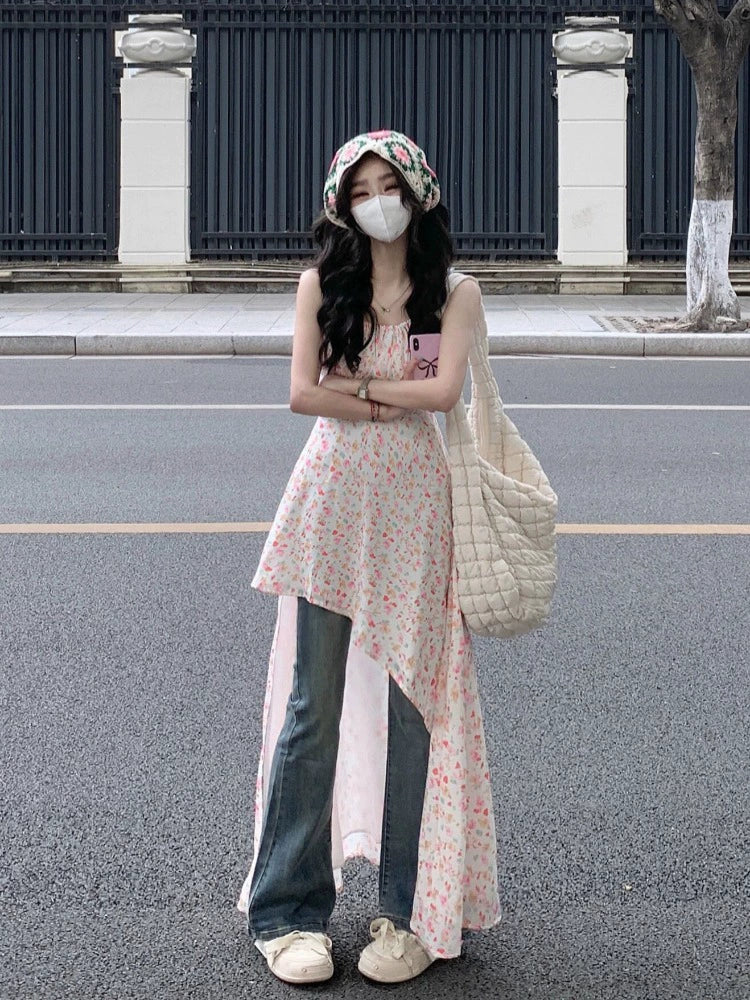 Fashion women's wear Floral Strap Dress Women's Summer Small Waist Slimming Sweet and Spicy Skirt Jeans Two-Piece Suit
