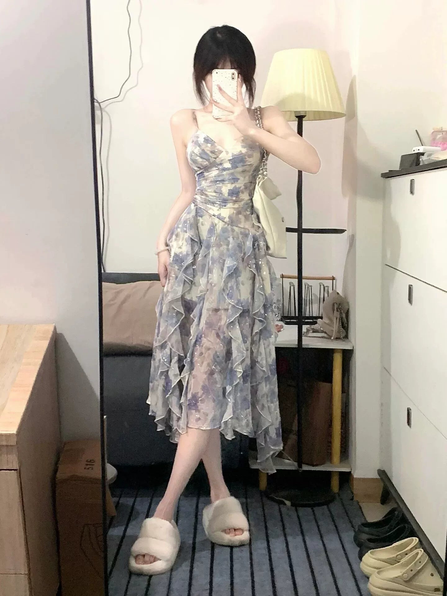 Fashion women's wear Floral Dress Women's Summer French Style High Sense Temperament Long Dress Tight Waist Seaside Vacation Small Suspender Dress