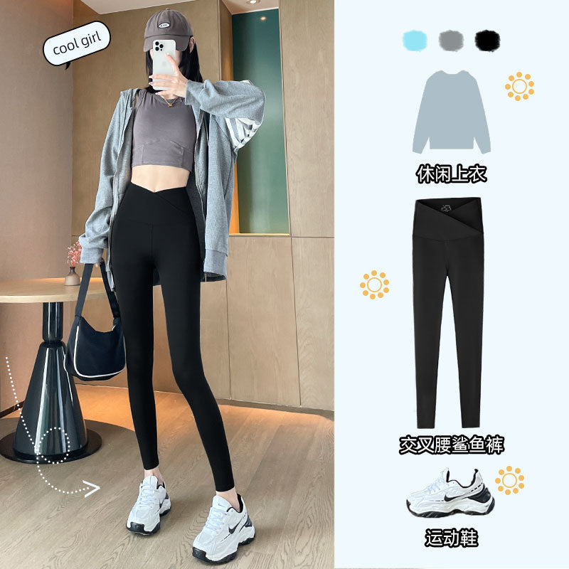 The fifth generation Fashion women's wear Cross Waist Shark Pants   Skinny Yoga Pants High Waist Shaping Yoga Weight Loss Pants Outerwear Leggings