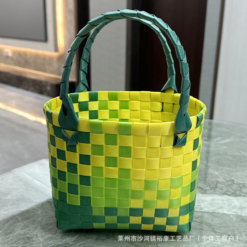 Dopamine Bag Free shipping Tattoo Cartoon dopamine plastic woven bag, trendy macaron hand-woven vegetable basket bag, cute casual seaside beach bag